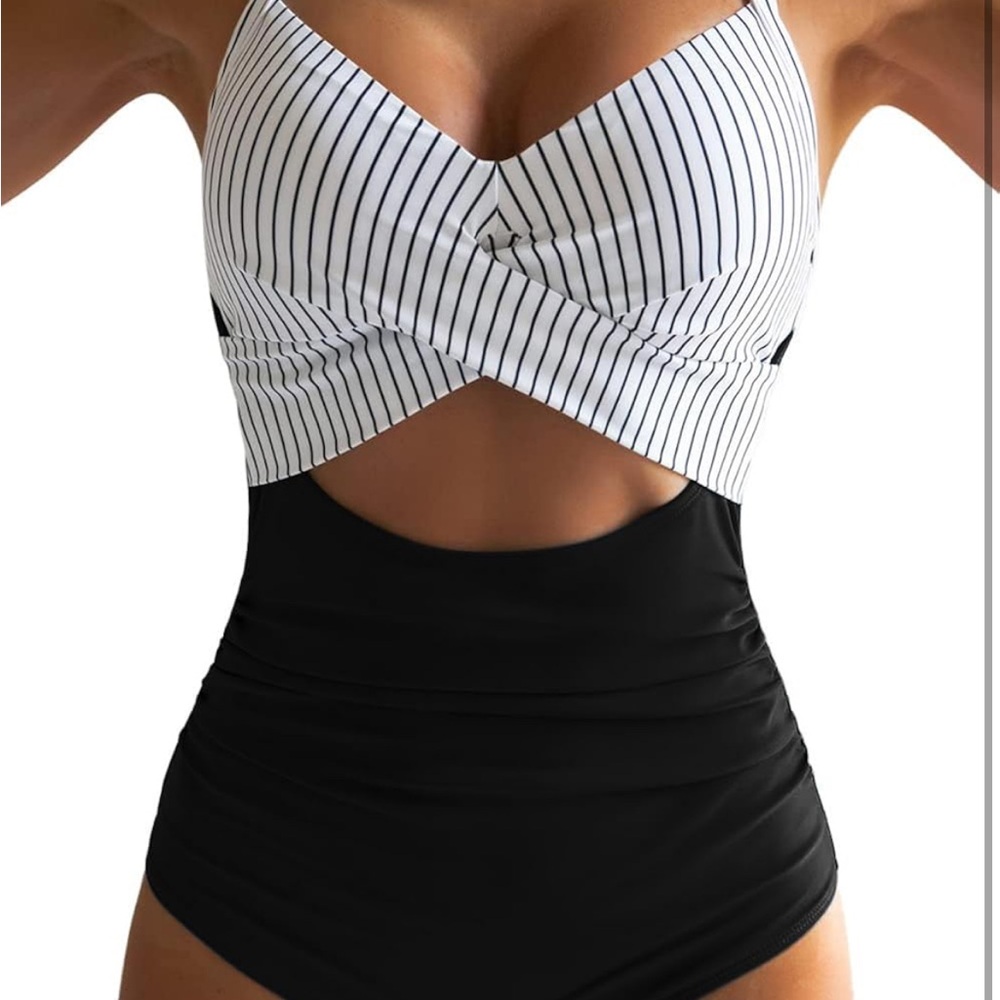 Striped Black One Piece Swimsuit; size S